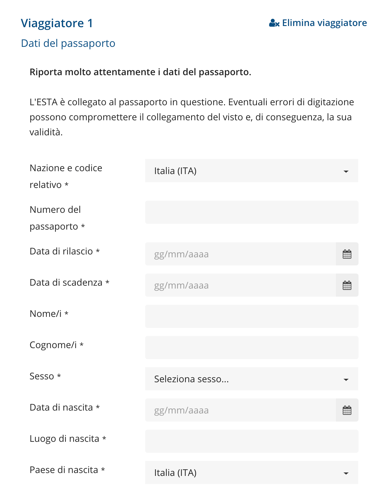 Modulo ESTA: i dati del passaporto